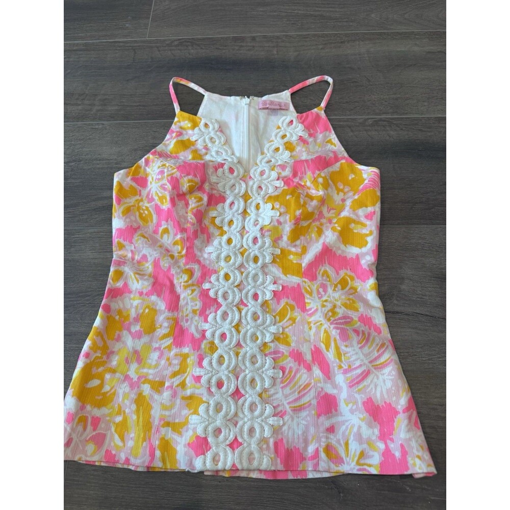 Lily Pulitzer Halter V Neck Yellow And Pink Embroidered Front, Tank Top. 00